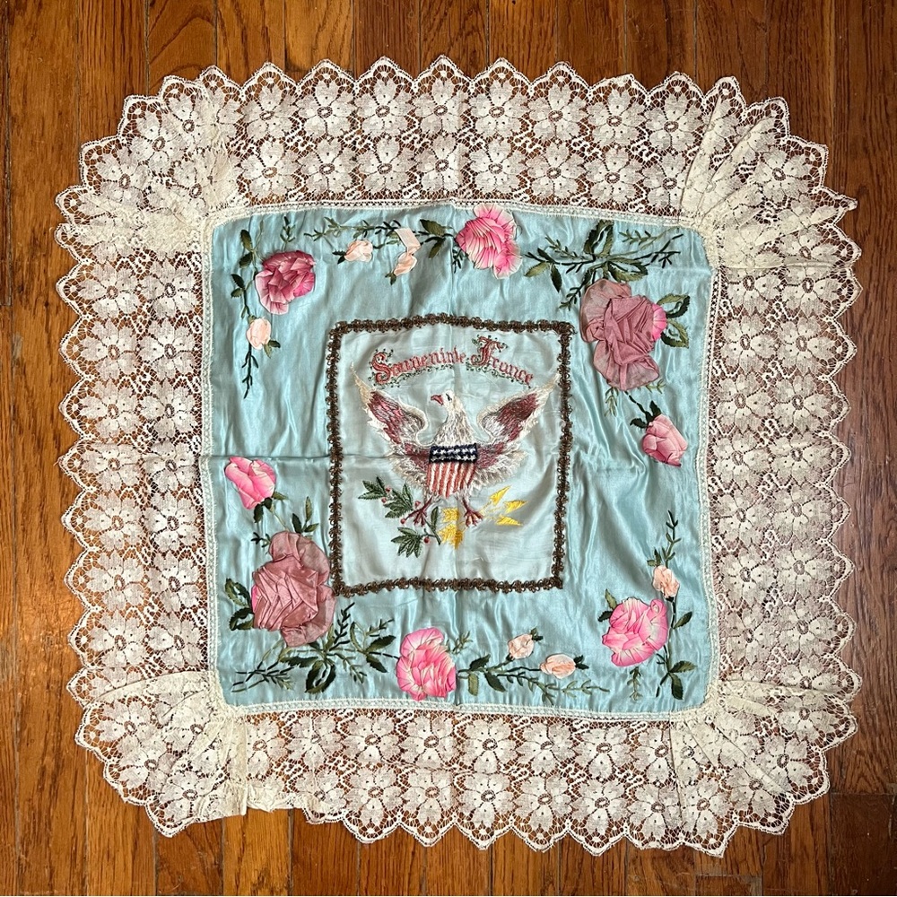 Rare Antique Vintage Souvenir de France Embroidered Pillow Sham